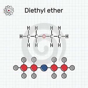 Diethyl ether, ethyl ether molecule. It is an ether in which the oxygen atom is linked to two ethyl groups. Structural chemical