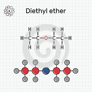 Diethyl ether, ethyl ether molecule. It is an ether in which the oxygen atom is linked to two ethyl groups. Structural chemical