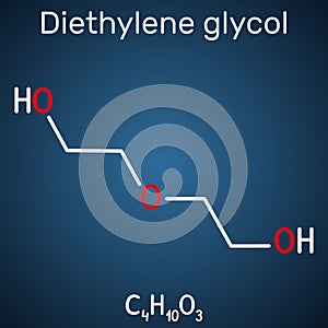 Diethylene glycol, DEG molecule. It is diol, solvent. Structural chemical formula on the dark blue background photo