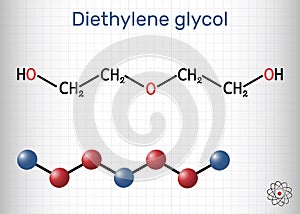 Diethylene glycol, DEG molecule. It is diol, solvent. Structural chemical formula and molecule model. Sheet of paper in photo