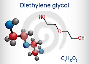 Diethylene glycol, DEG molecule. It is diol, solvent. Structural chemical formula and molecule model photo