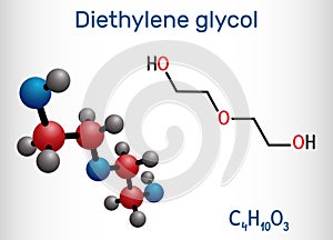 Diethylene glycol, DEG molecule. It is diol, solvent. Structural chemical formula and molecule model