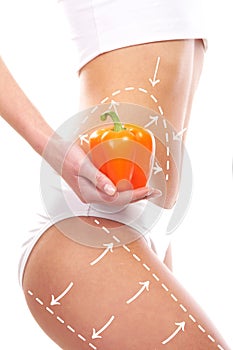 Dieting concept, beautiful belly and a fruit isolated on white