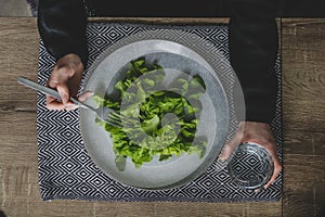 Top view of woman hands and big grey plate with green leaves of salad. photo