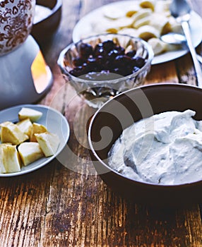 Dieting cottage cheese with fresh bananas, Fondue with chocolate