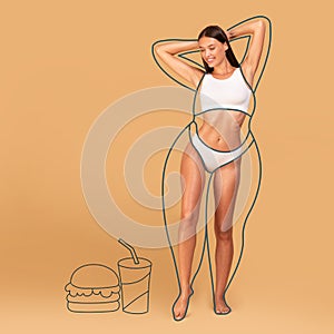 Dieting and weight loss concept. Fast food and drawn outlines around slim female body, collage, cropped