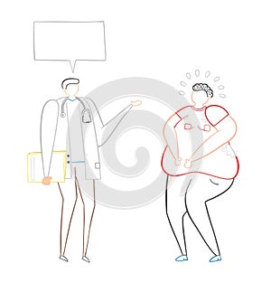 Dietitian talking with fat man, hand-drawn vector illustration