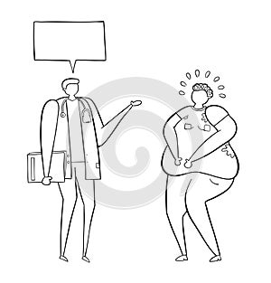 Dietitian talking with fat man, hand-drawn vector illustration. Black outlines, white