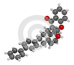 Difenacoum rodenticide molecule (vitamin K antagonist). 3D rendering. Atoms are represented as spheres with conventional color