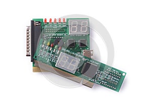 Diferent devices for testing of motherboards on a white background, PC Diagnostics