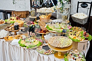 Diferrent peanuts, cheese, meat and salads on wedding reception.