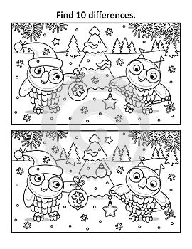 Difference game with two owls decorating christmas tree.