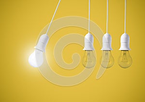 Difference light bulb on yellow background. concept of new ideas