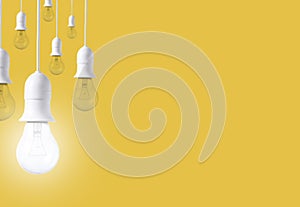Difference light bulb on yellow background. concept of new ideas