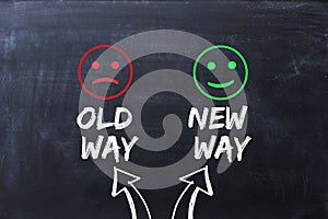 Difference between old way and new way, illustrated with happy and sad faces on chalkboard