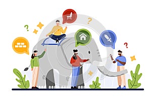 Difference of perception metaphor, blindfolded people touching elephant in dark room