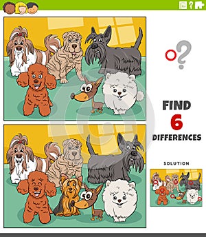 Differences educational game with cartoon purebred dogs