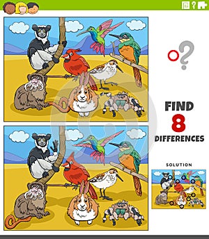 Differences educational task with funny cartoon animals