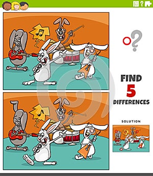 Differences educational task for kids with cartoon rabbits rock music band