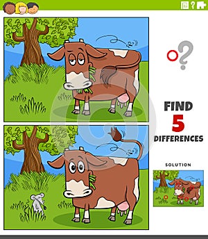 Differences educational task for kids with cow on the pasture