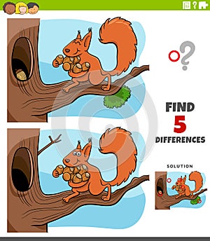 Differences educational task for kids with squirrel and acorns