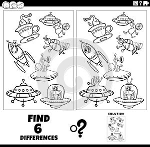 Differences game with cartoon aliens coloring page