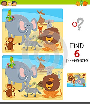 Differences game with cartoon animal characters