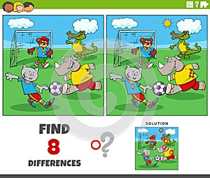 differences game with cartoon animals playing soccer