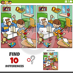 Differences game with cartoon boy with guitar in his room