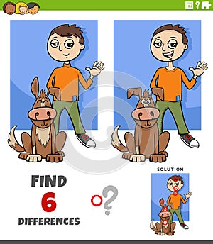 Differences game with cartoon boy and his dog