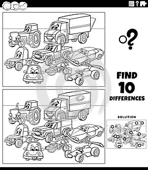 differences game with cartoon cars coloring page