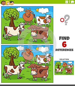 Differences game with cartoon cows farm animal characters