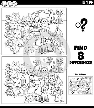Differences game with cartoon dogs and cats and rabbits coloring page