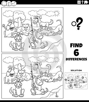 Differences game with cartoon dogs coloring book page