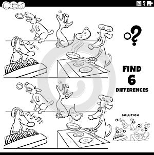 Differences game with cartoon dogs coloring page