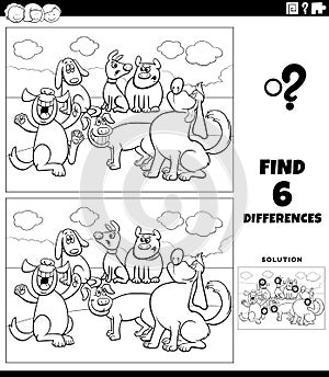 Differences game with cartoon dogs coloring page