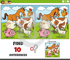 differences game with cartoon farm animal characters