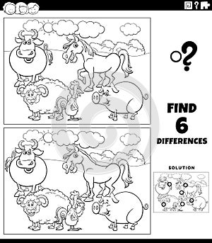 Differences game with cartoon farm animals coloring book page