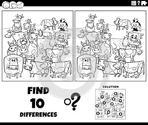 differences game with cartoon farm cows coloring page