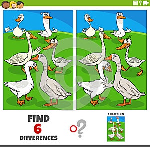Differences game with cartoon geese farm animal characters