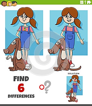 Differences game with cartoon girl and her dog