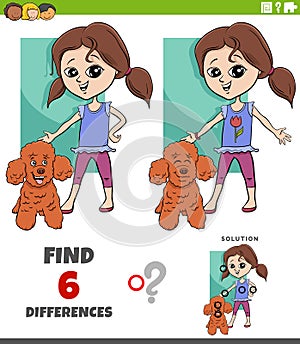 Differences game with cartoon girl and her poodle dog