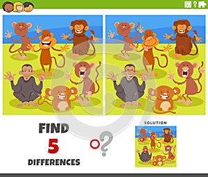 Differences game with cartoon monkeys animal characters