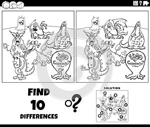 differences game with cartoon monsters coloring page