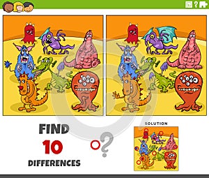 differences game with cartoon monsters fantasy characters