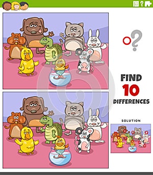 differences game with cartoon pets animal characters