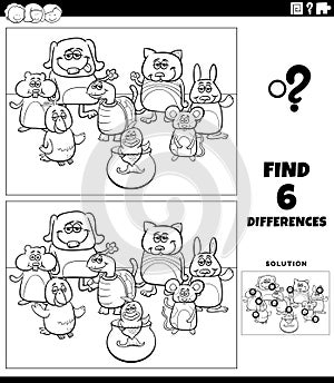differences game with cartoon pets coloring page