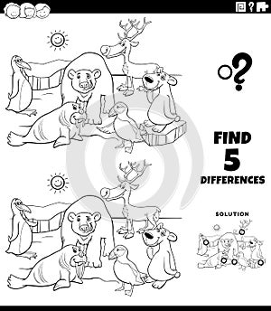 Differences game with cartoon polar animals coloring page