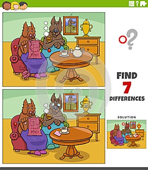 Differences game with cartoon senior dogs couple at home