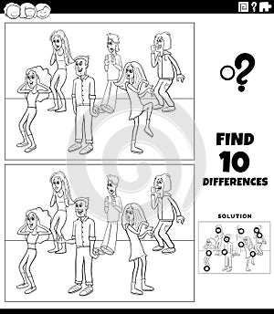 differences game with cartoon surprised young people coloring page